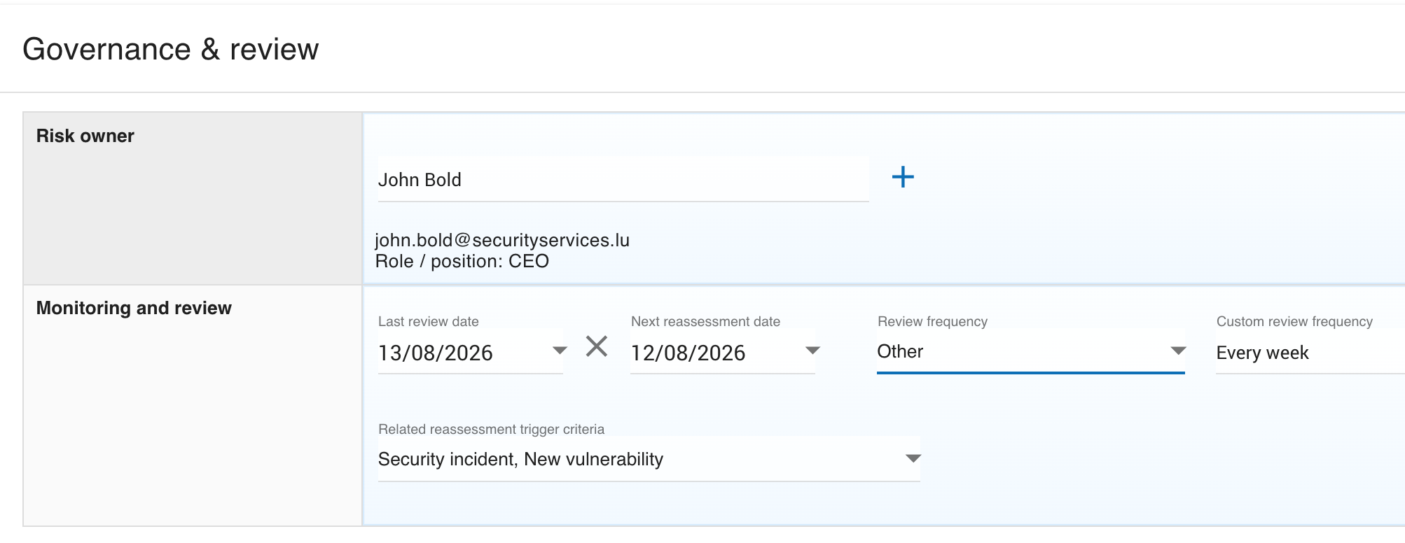 Governance and review fields