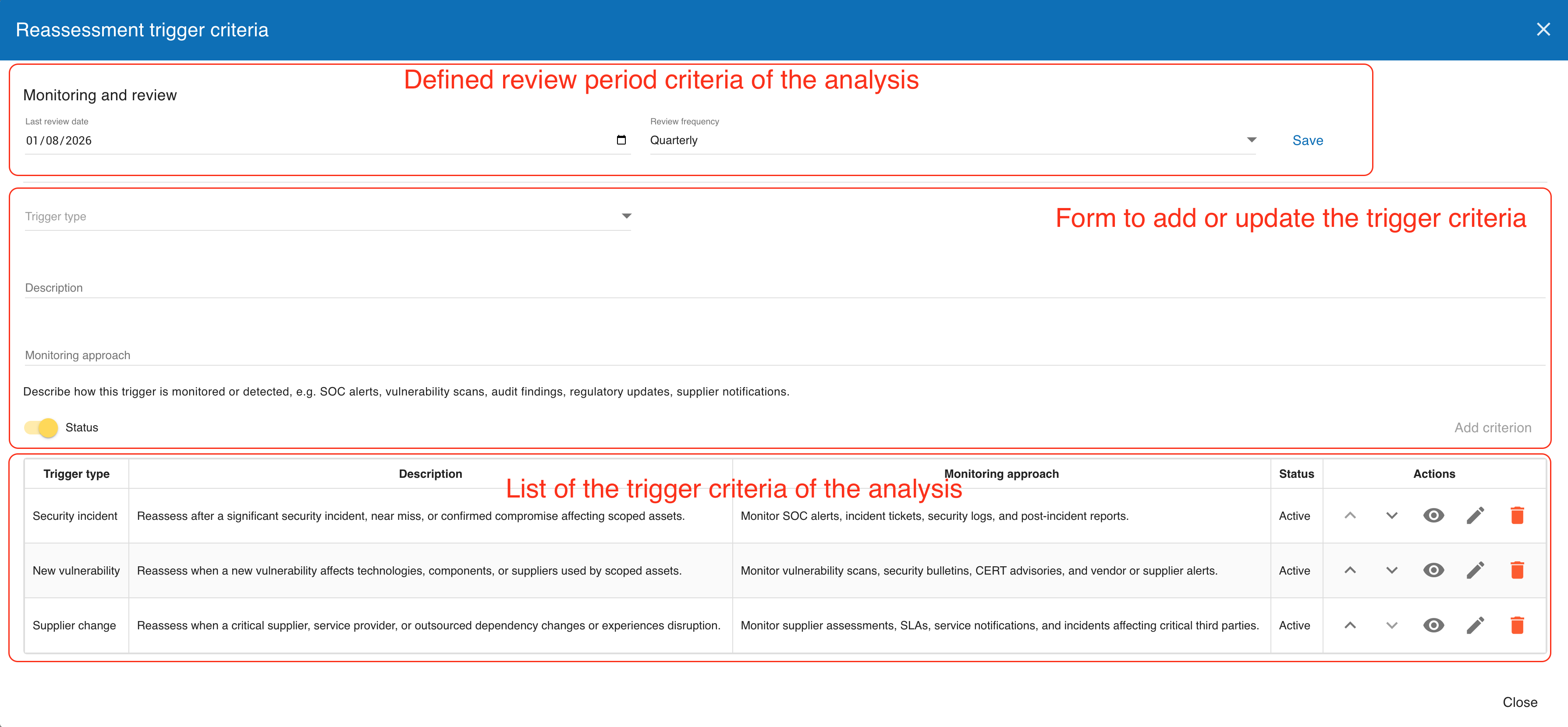 Reassessment trigger criteria dialog