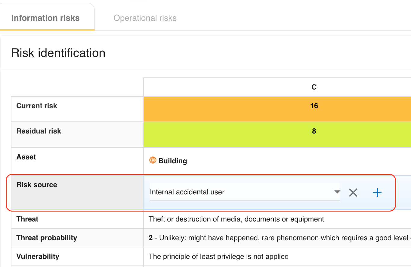 Risk source selection in the risk sheet