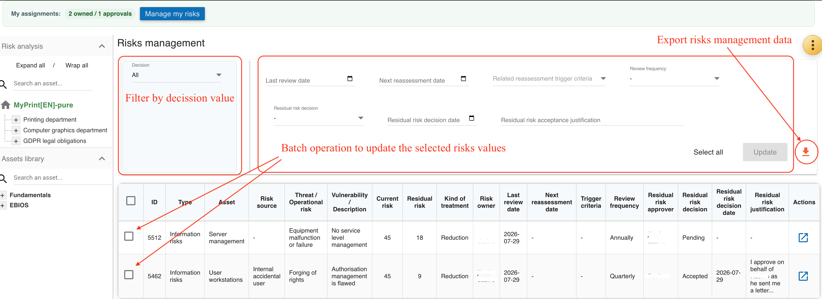 Risks management view and batch update